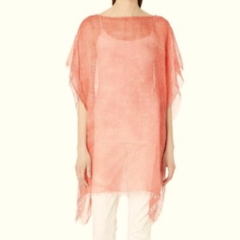 Eileen Fisher Sheer Linen Blend Poncho With Raw Hem.
